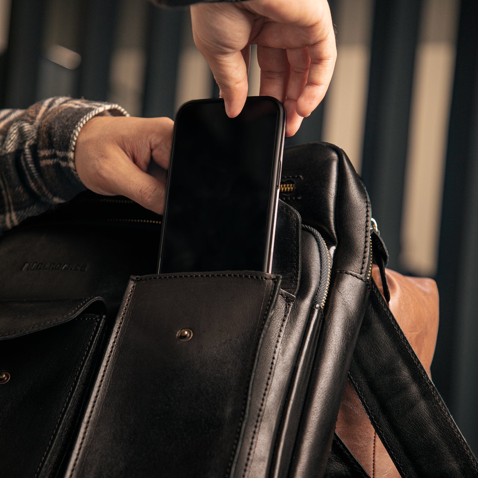 N-Elegance Backpack Genuine Leather 100% For Men 15 Inch Laptop Daypack Leather Bag Black