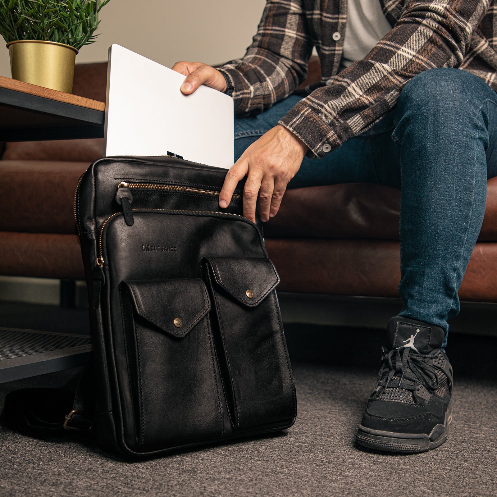 N-Elegance Backpack Genuine Leather 100% For Men 15 Inch Laptop Daypack Leather Bag Black