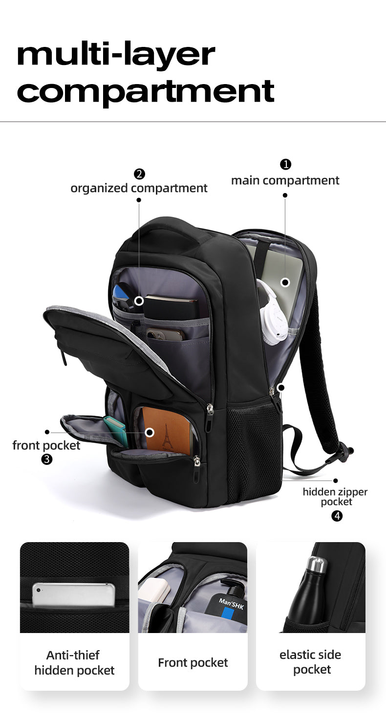 Bange 1807 Polyester Unisex Travel Backpacks Laptop Waterproof Black