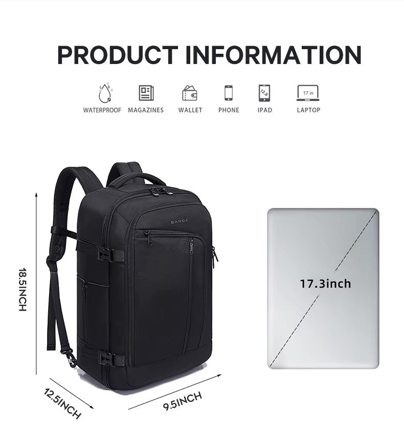 Bange 1916 Polyester Backpack Waterproof Travel Laptop With 3 Packing Cubes Black