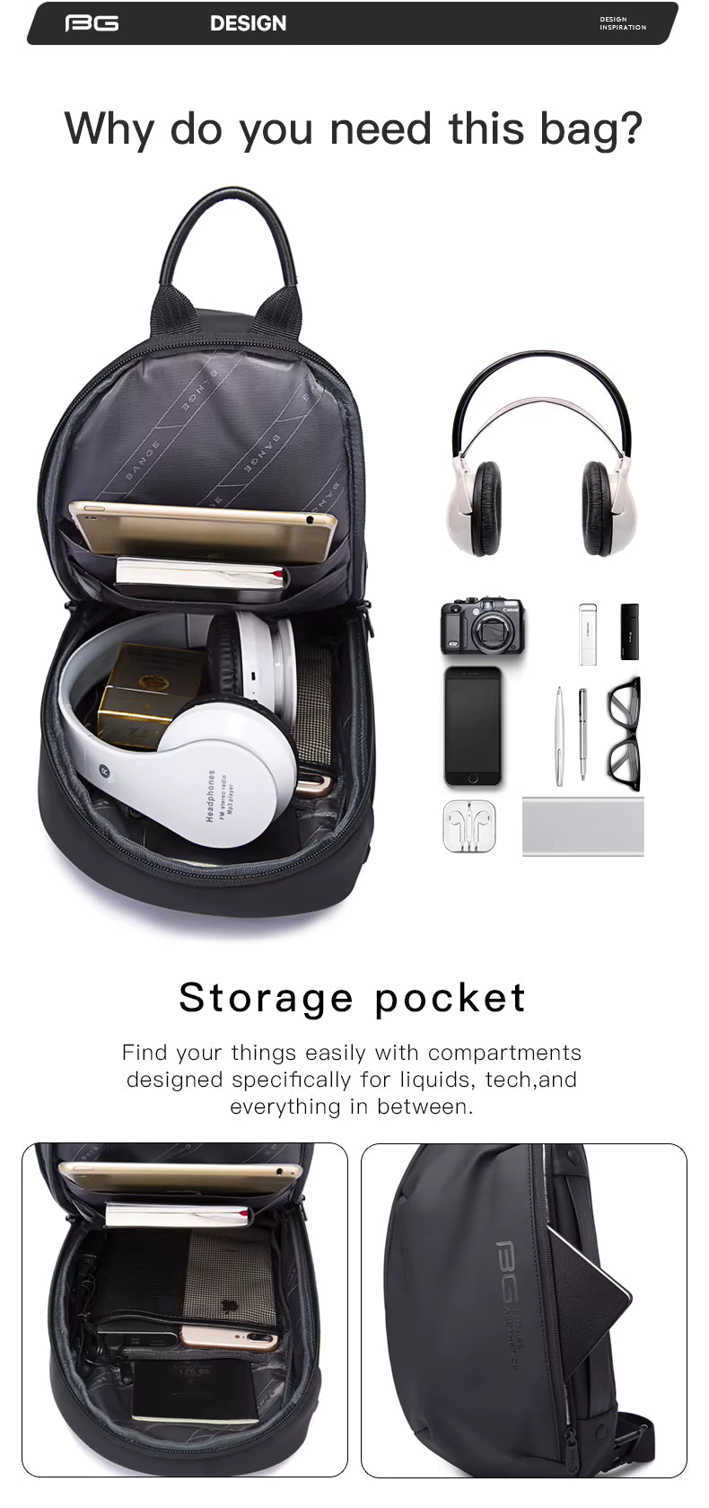 Bange Multifunctional Waterproof Sling With Usb Charging Chest Anti Theft Bag Bg 7306 Black