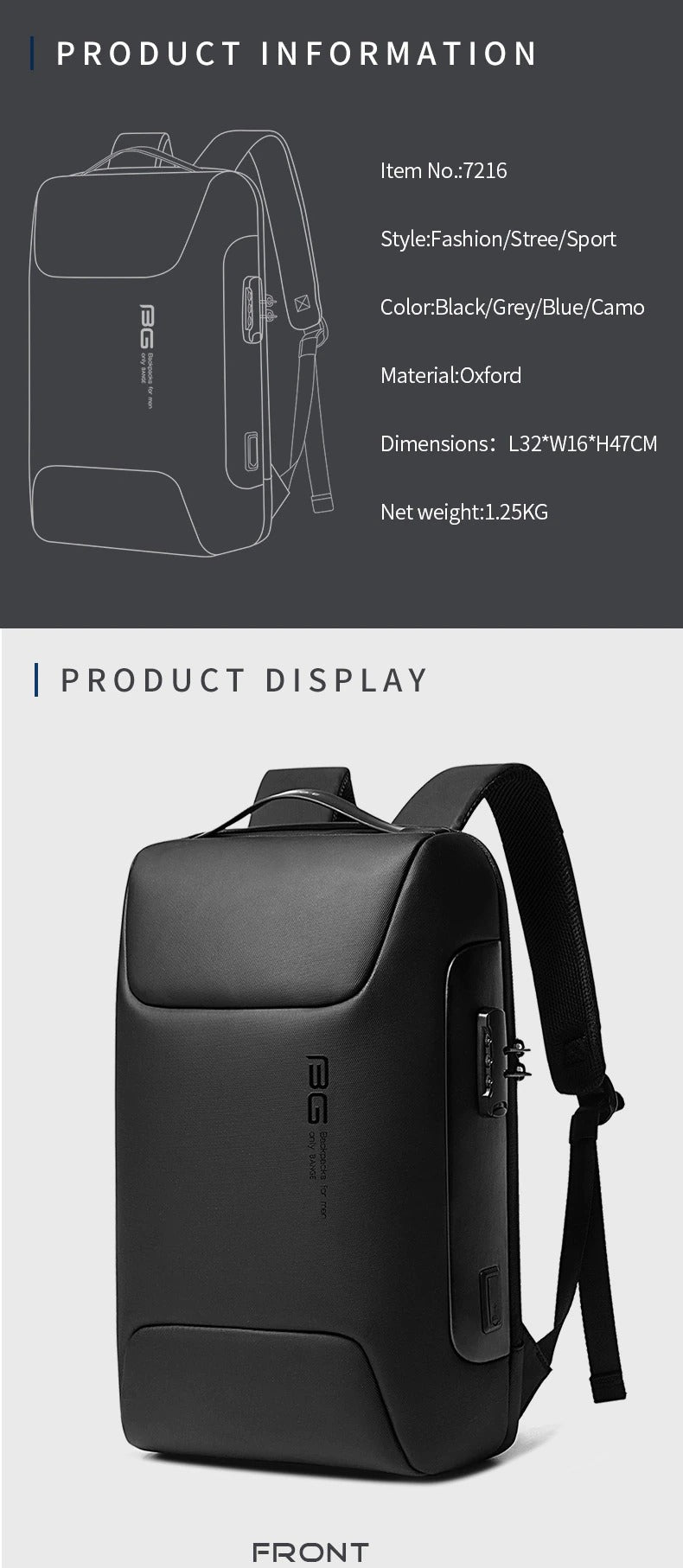 Bange 7216 Waterproof Unisex Travel Laptop Backpack With Usb Charging Black 15.6 Inch Black