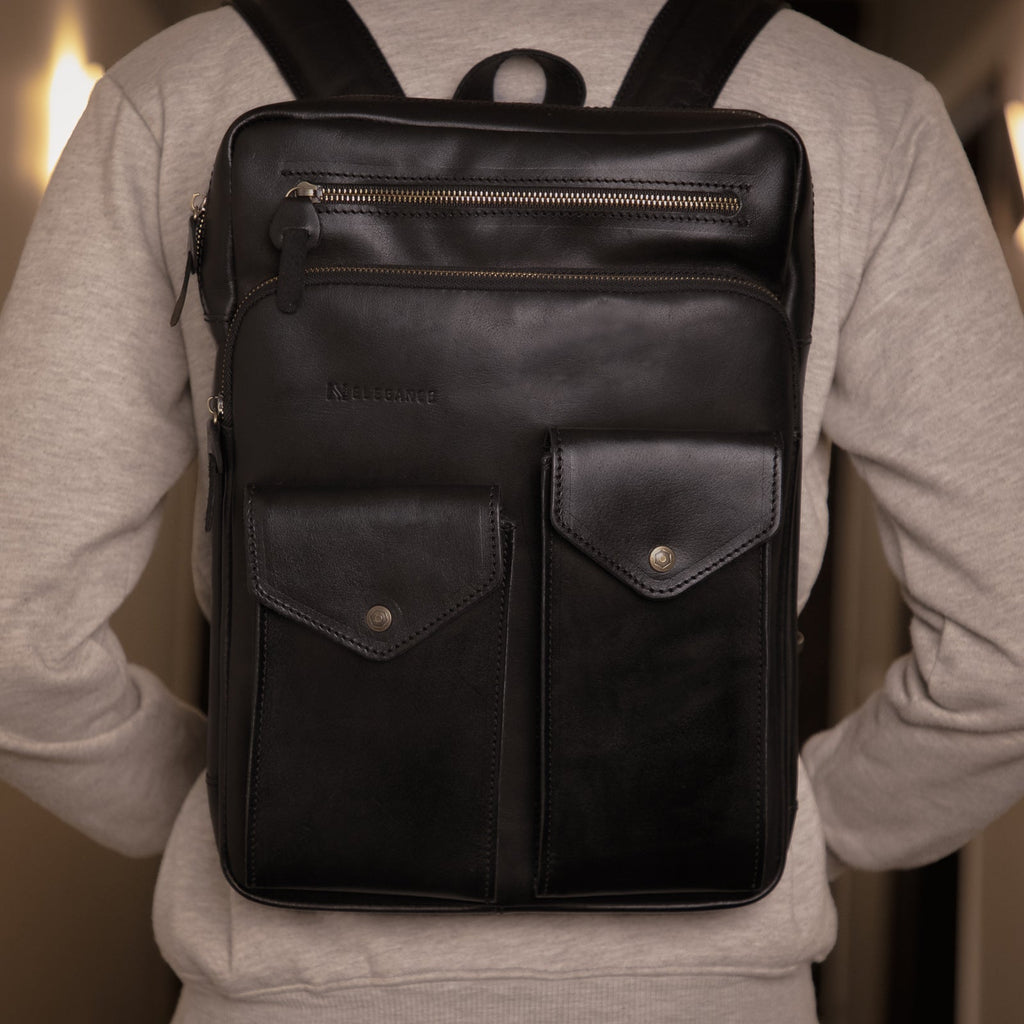 N-Elegance Backpack Genuine Leather 100% For Men 15 Inch Laptop Daypack Leather Bag Black