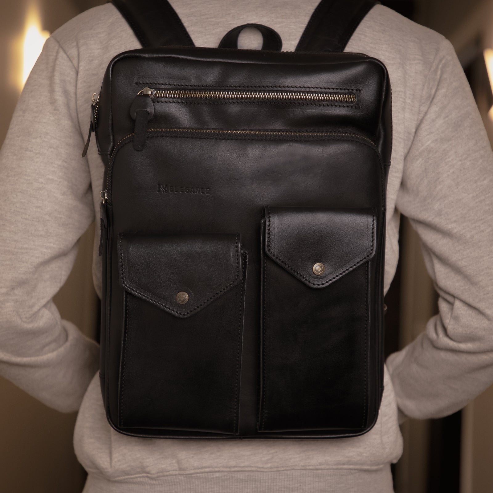 N-Elegance Backpack Genuine Leather 100% For Men 15 Inch Laptop Daypack Leather Bag Black