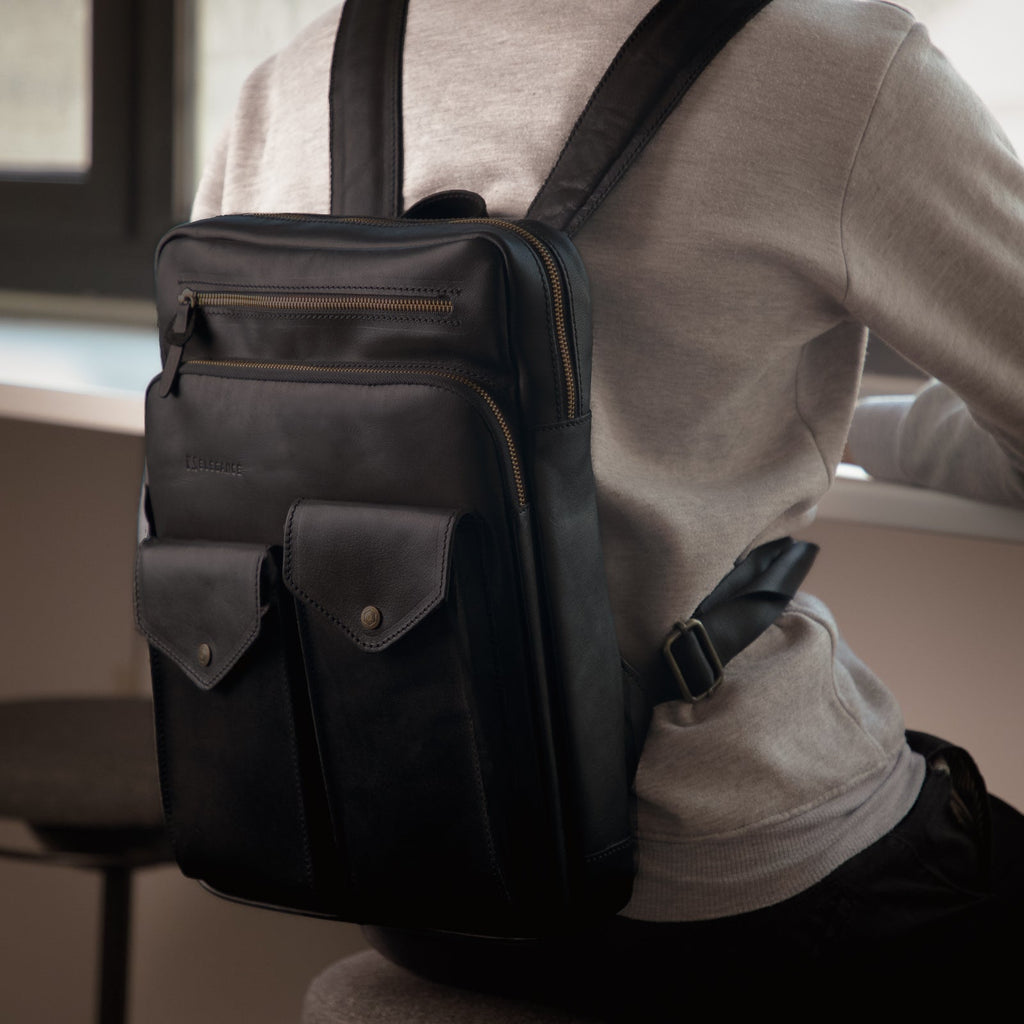 N-Elegance Backpack Genuine Leather 100% For Men 15 Inch Laptop Daypack Leather Bag Black